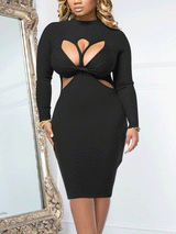 Woman wearing a black ribbed knit midi dress with a mock neck, long sleeves, and cut-out details at the bust and waist.