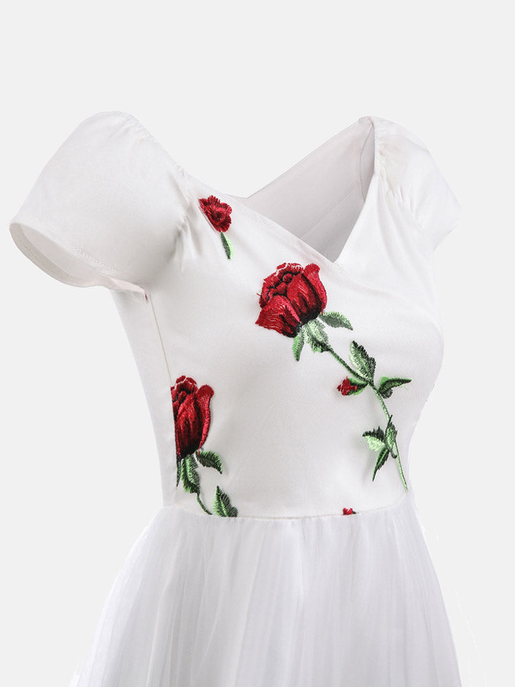 Embroidered Rose Mesh Party Dress - View 8 | Lwiis