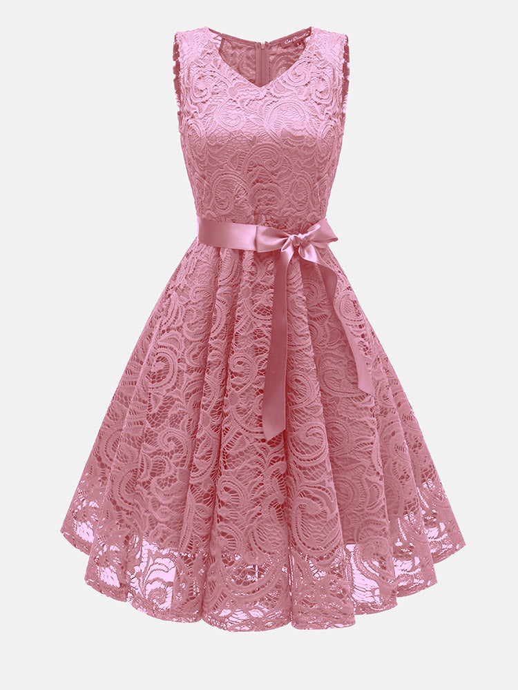 Pink lace fit and flare dress with V-neck and satin ribbon