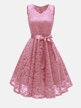 Pink lace fit and flare dress with V-neck and satin ribbon