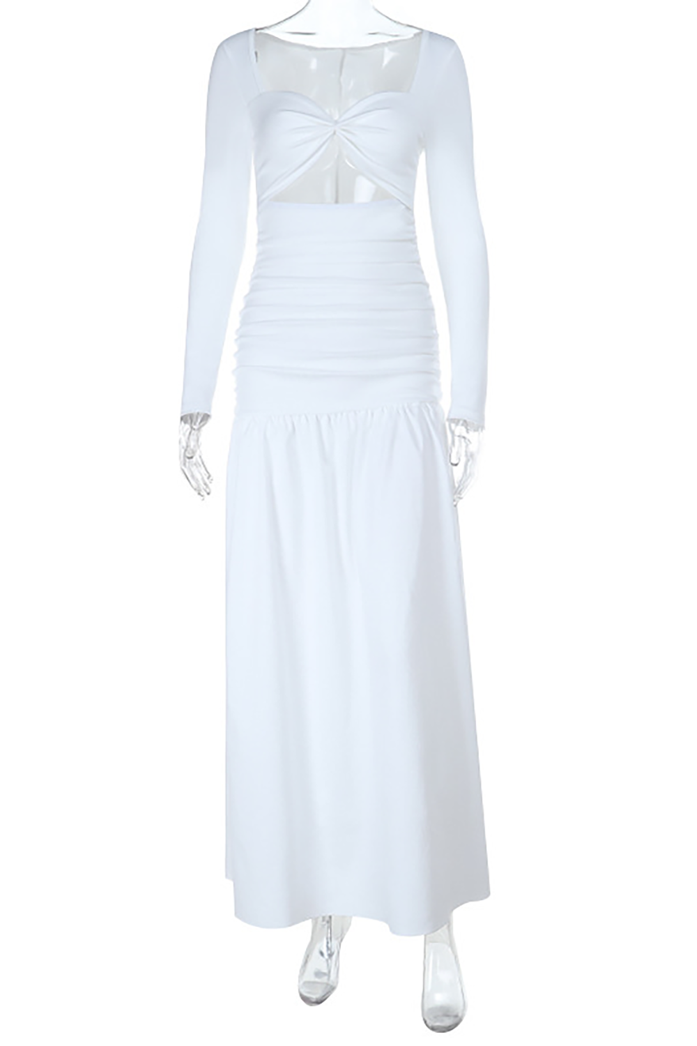 Mannequin displaying a white long-sleeved maxi dress with a cut-out and ruched detailing on a white background.