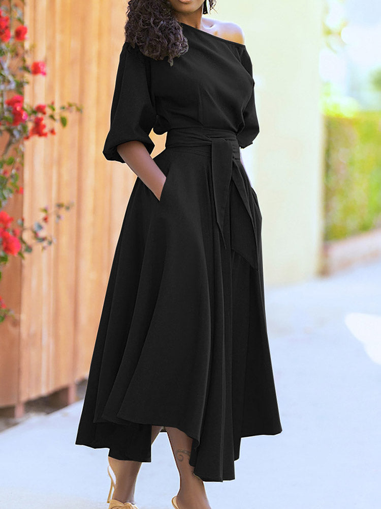 Oblique Neckline Maxi Dress with Belt - View 17 | Lwiis