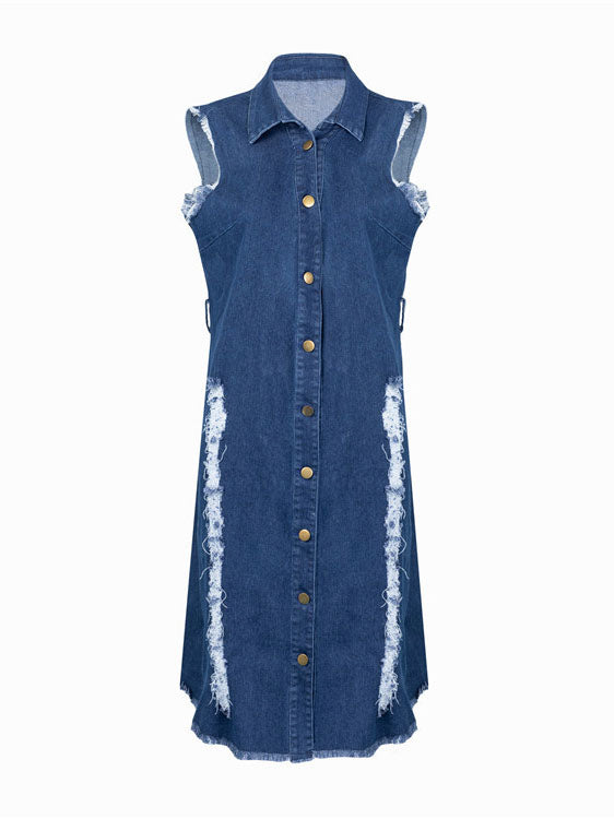 front view of a distressed denim sheath dress with a v-neck and belted waist, laid flat