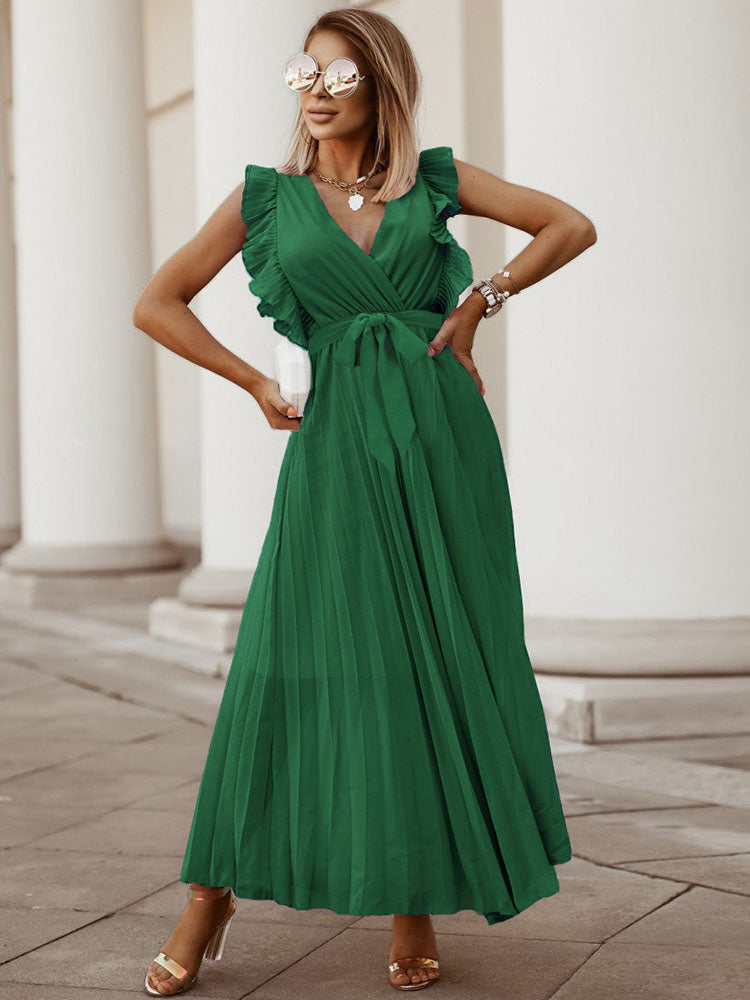 V-neck pleated maxi dress with ruffled trim and belted waist - View 8 | Lwiis