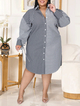 Striped button shirt midi dress with collared neckline and belted waist - View 6 | Lwiis
