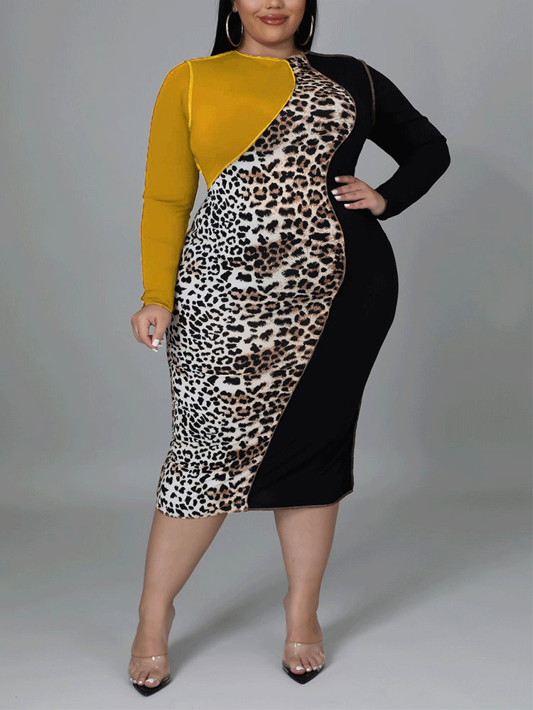 Colorblock Leopard Midi Dress - View 7 | Lwiis