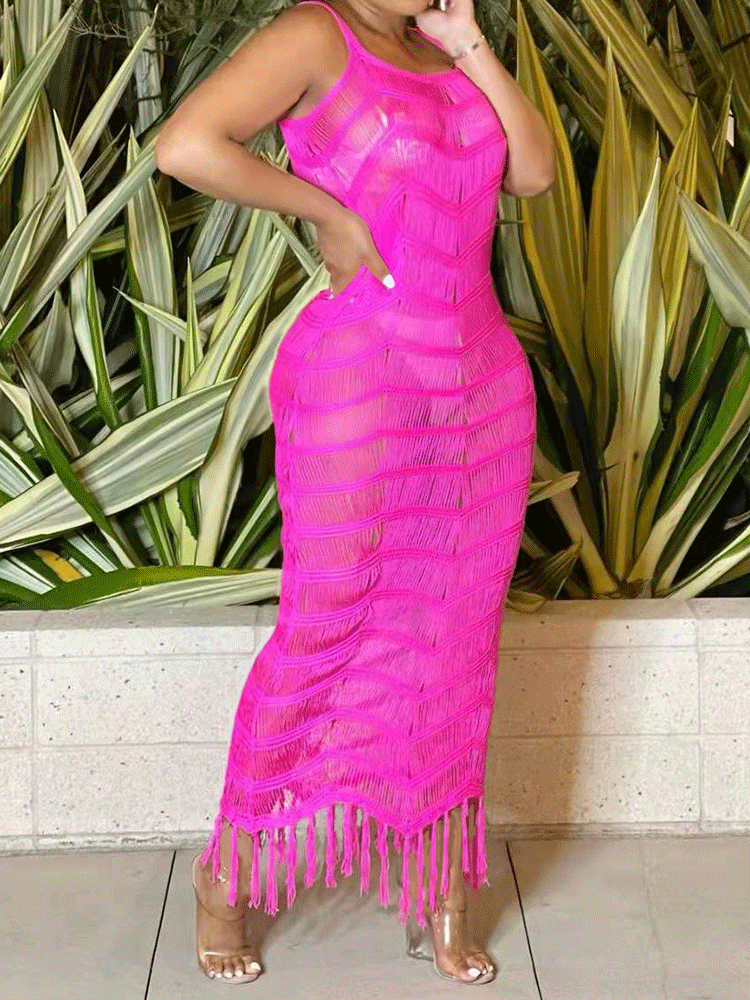 Knitted Maxi Dress with Fringe Detailing - View 9 | Lwiis