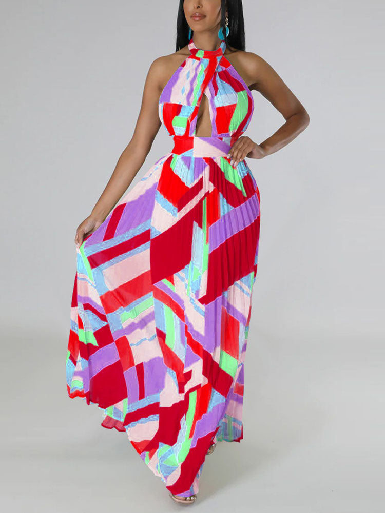 Halter neck pleated maxi dress with keyhole cutout - View 9 | Lwiis