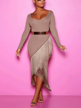 Fitted Tassel Midi Dress - View 10 | Lwiis