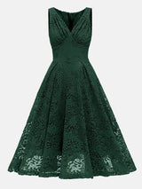 Green lace fit and flare dress, front view