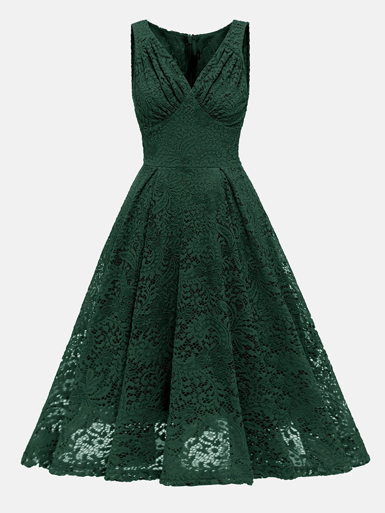 Green lace fit and flare dress, front view