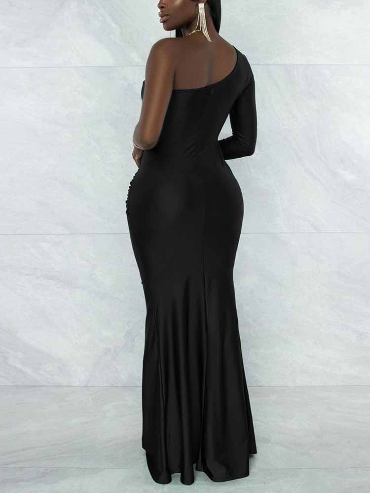 Elegant one shoulder mermaid maxi dress with ruched detailing - View 6 | Lwiis