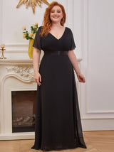 Maxi chiffon dress with flutter sleeves and V-neckline - View 10 | Lwiis
