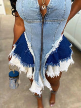 Denim patchwork mini dress with V-neckline and zipper front - View 6 | Lwiis