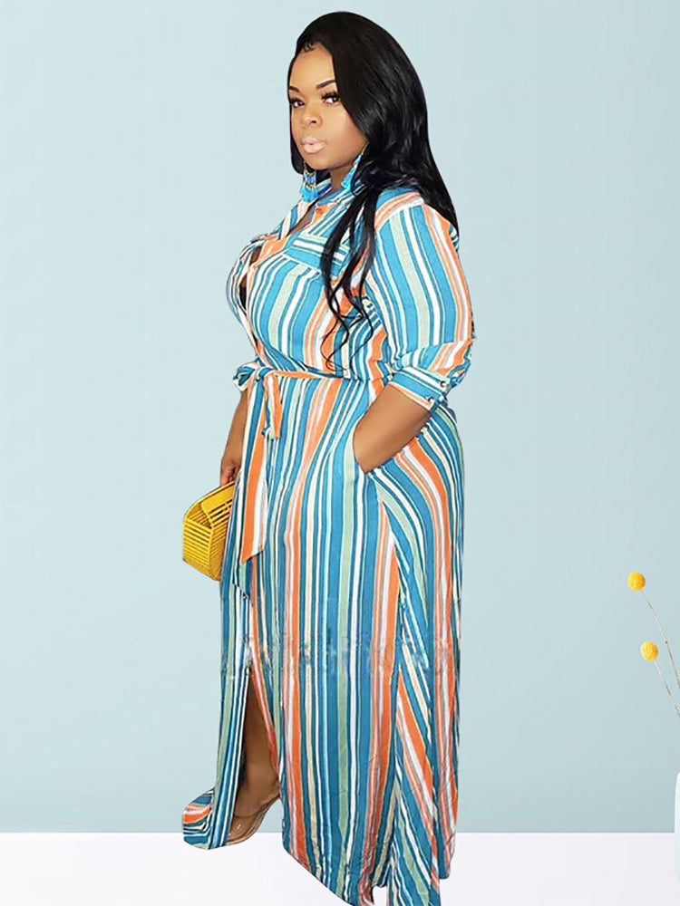 Striped Belted Shirt Maxi Dress - View 7 | Lwiis