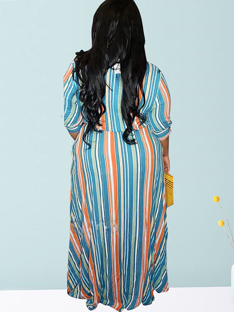 Striped Belted Shirt Maxi Dress - View 8 | Lwiis