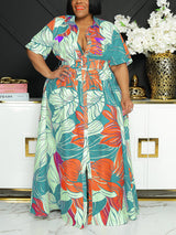 Printed V-neck maxi dress with short sleeves and a belted waist - View 16 | Lwiis