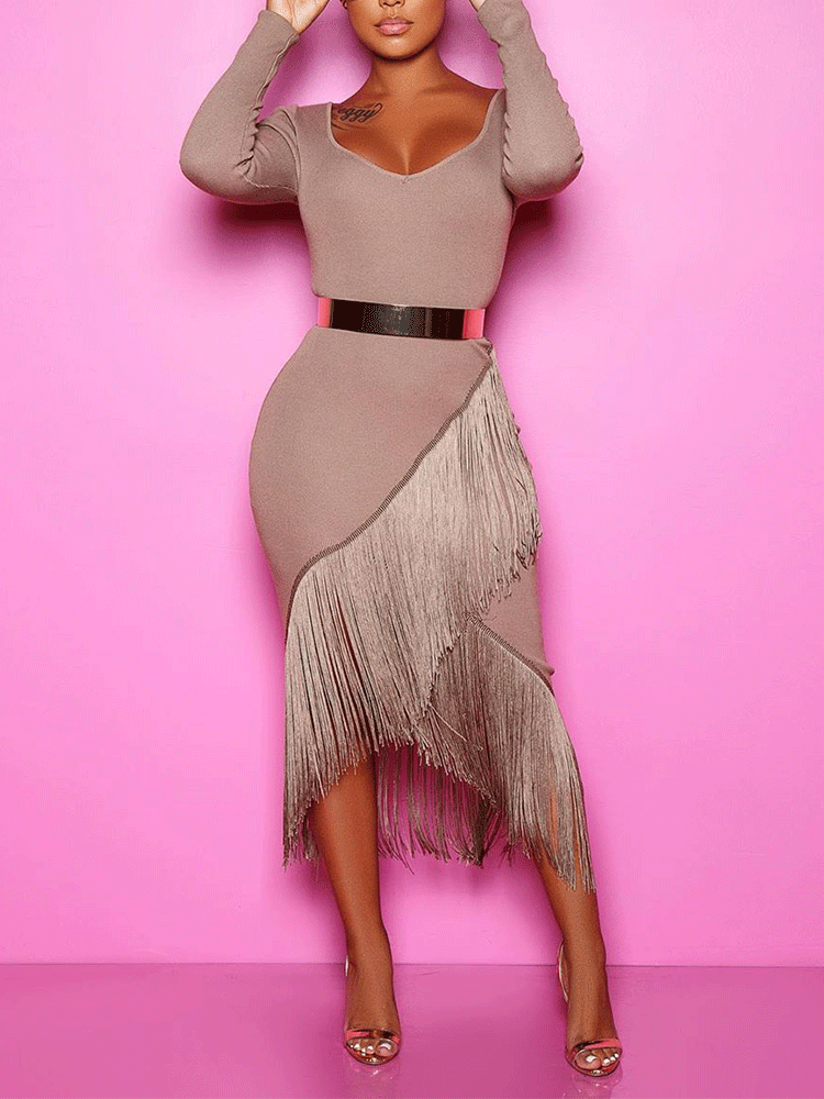 Fitted Tassel Midi Dress - View 11 | Lwiis