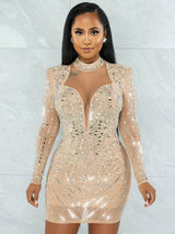 Sequin party dress with rhinestone embellishments and mesh sleeves - View 8 | Lwiis
