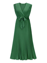 V-neck pleated maxi dress with ruffled trim and belted waist - View 10 | Lwiis