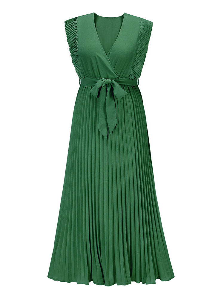 V-neck pleated maxi dress with ruffled trim and belted waist - View 10 | Lwiis