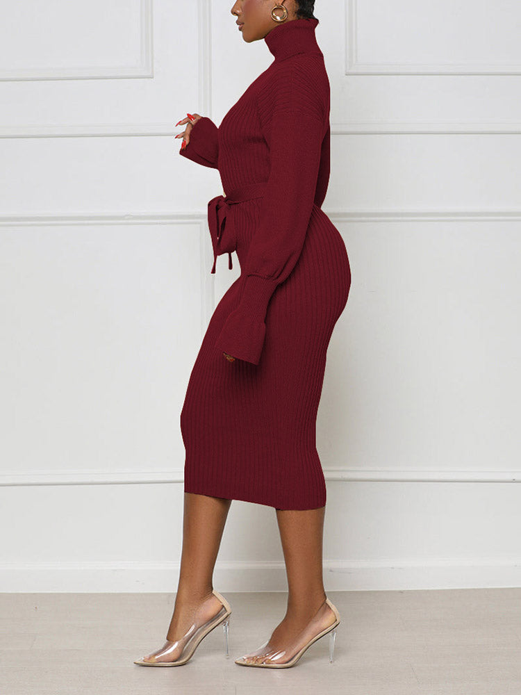Turtleneck knit midi dress with belt - View 15 | Lwiis