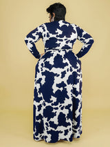 Cow Print Maxi Dress with V-Neck and Long Sleeves - View 12 | Lwiis