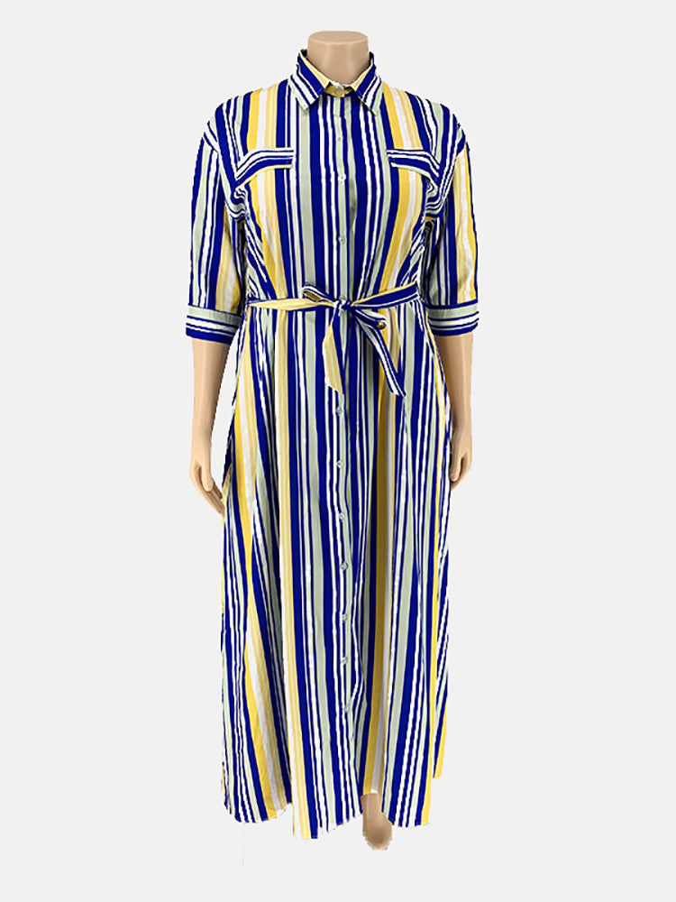 Striped Belted Shirt Maxi Dress - View 6 | Lwiis
