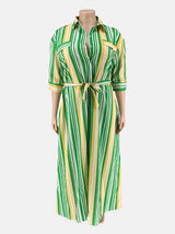 A green, yellow, and white striped maxi dress on a mannequin, featuring a collared neckline, button-down front, belted waist, and three-quarter sleeves.