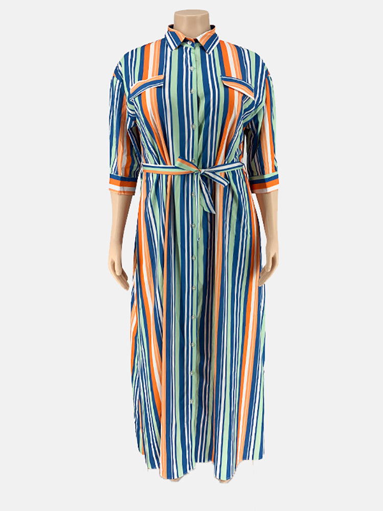Striped Belted Shirt Maxi Dress - View 9 | Lwiis