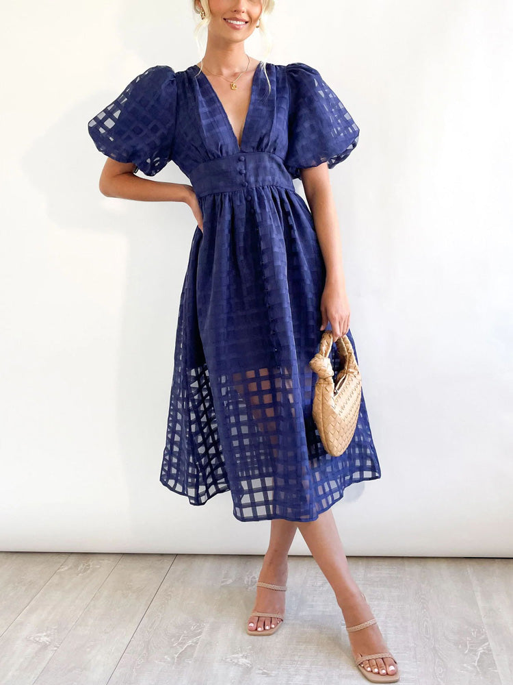 Plaid V-Neck Midi Dress - View 16 | Lwiis
