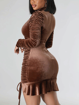 Ruched Velvet Mini Dress with Drawstring - View 12 | Lwiis