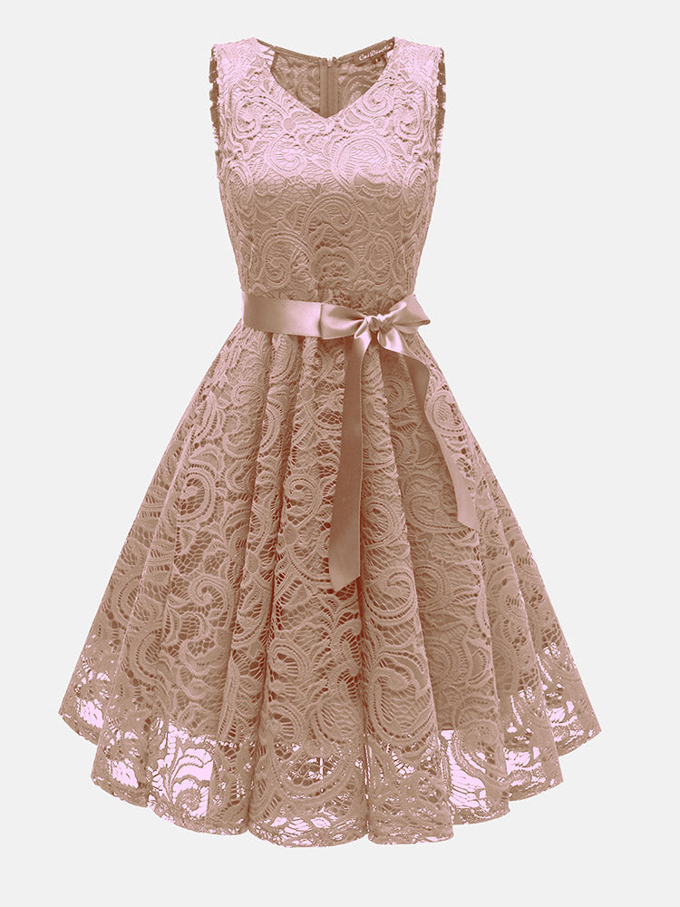 Beige lace fit and flare dress with V-neck and satin ribbon