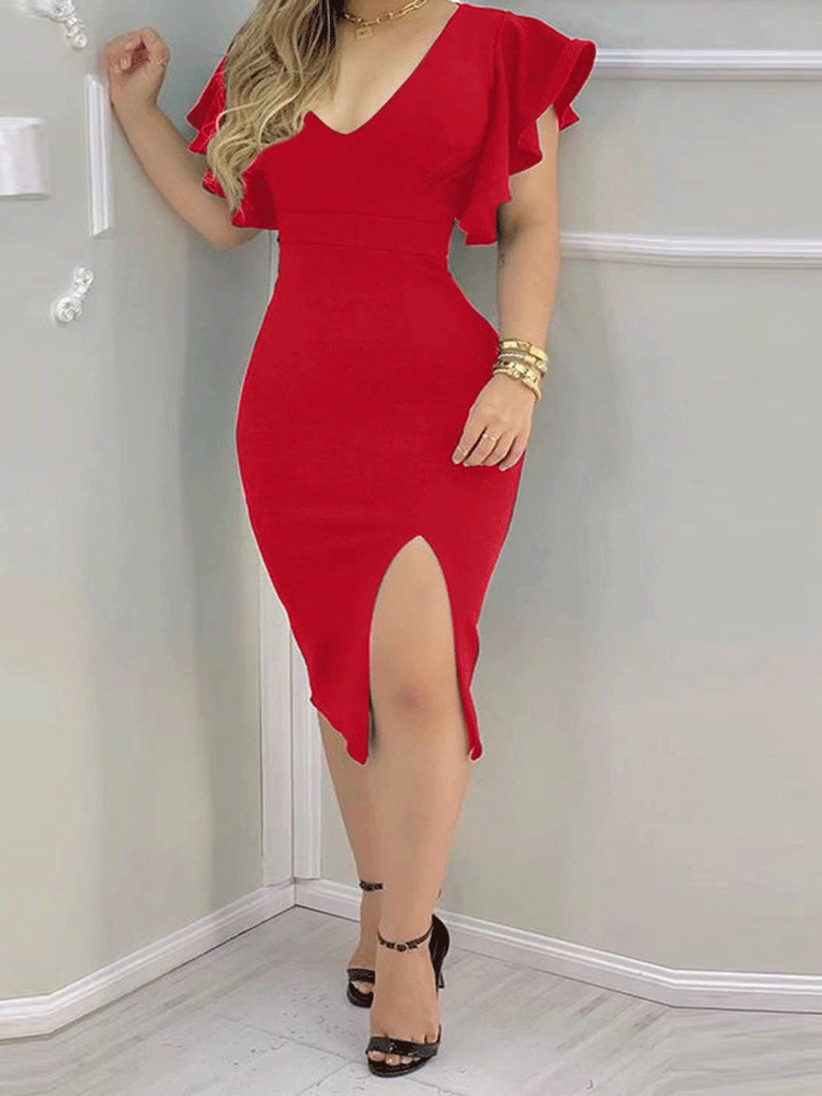 Woman wearing a red bodycon midi dress with a V-neckline, ruffle sleeves, and a high slit, accessorized with gold bracelets.
