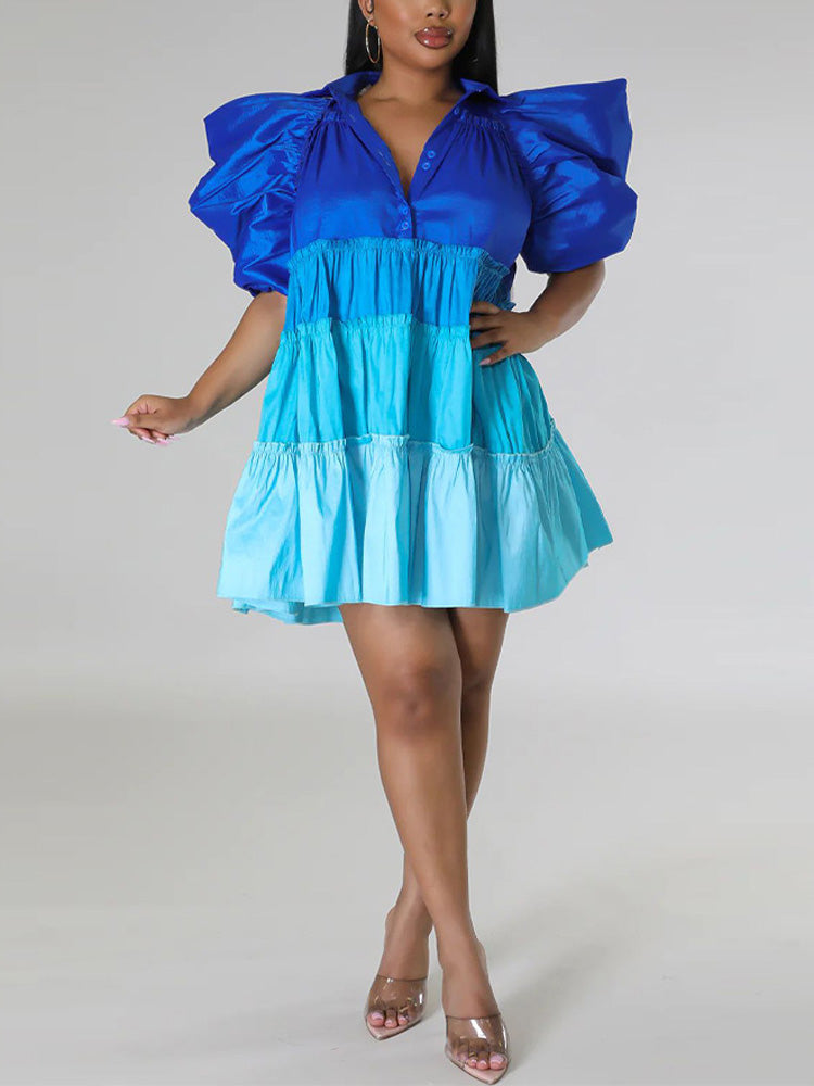 A-line colorblock dress with puff sleeves - View 7 | Lwiis