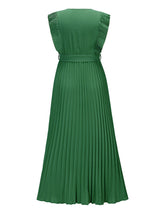 V-neck pleated maxi dress with ruffled trim and belted waist - View 11 | Lwiis