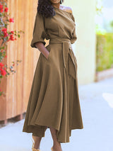 Oblique Neckline Maxi Dress with Belt - View 10 | Lwiis