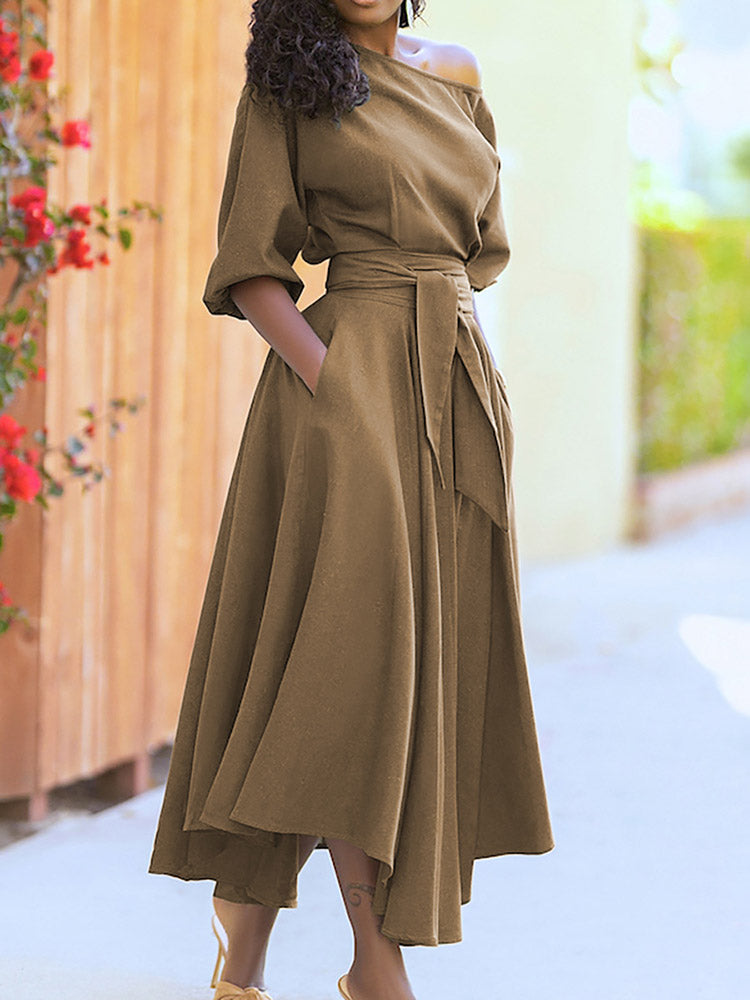 Oblique Neckline Maxi Dress with Belt - View 10 | Lwiis