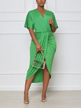 V Neck Ruched Midi Dress with Slit - View 7 | Lwiis