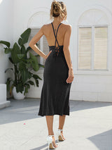 Solid color halter neck ruched maxi dress with side slit - View 11 | Lwiis