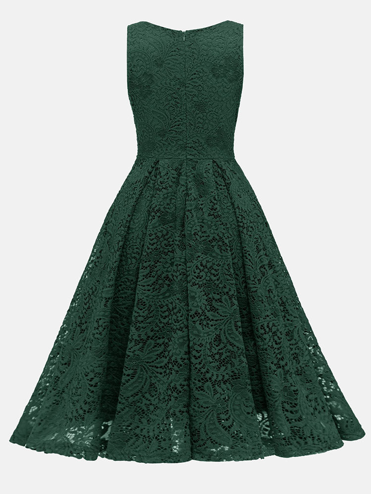 Green lace fit and flare dress, back view