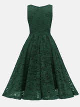 Green lace fit and flare dress, back view