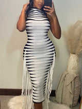 Striped knit midi dress with high neckline and fringe detailing - View 8 | Lwiis