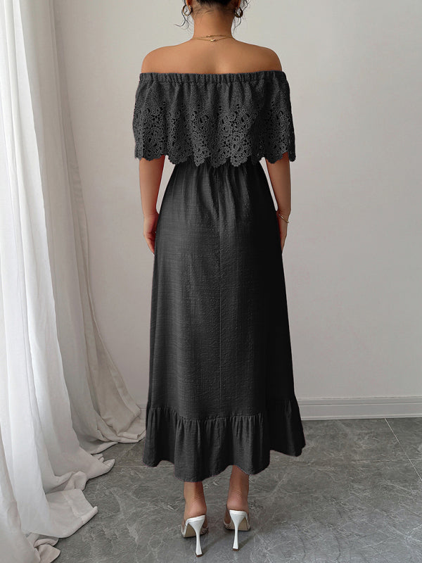 Woman wearing a black off-the-shoulder maxi dress with lace bodice and ruffled hem, back view
