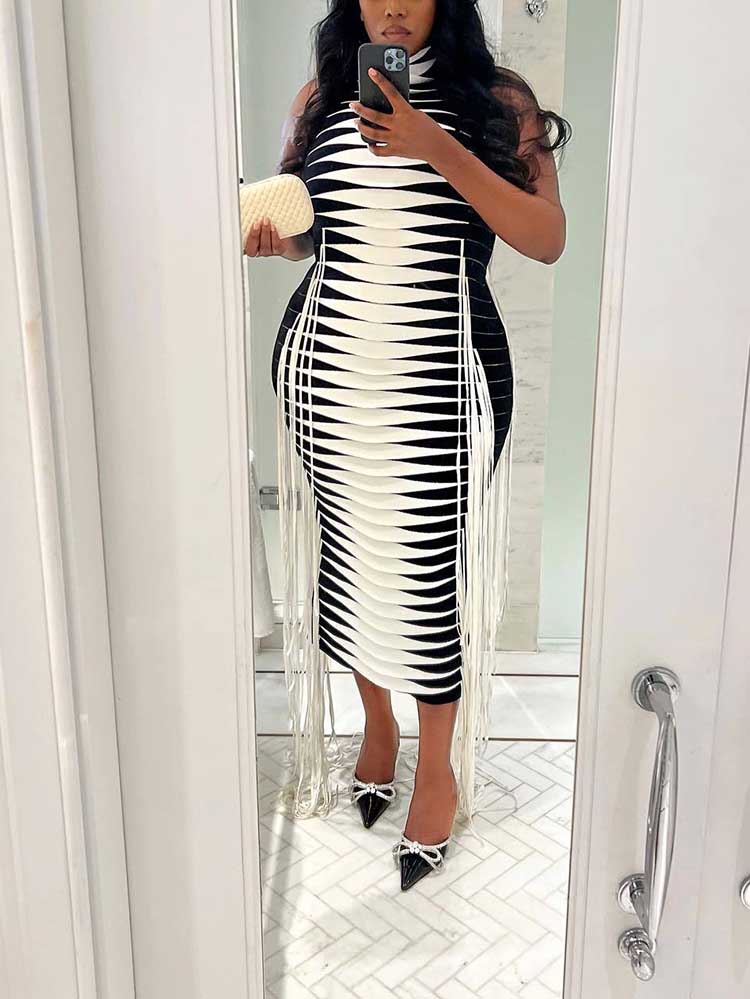 Striped knit midi dress with high neckline and fringe detailing - View 7 | Lwiis
