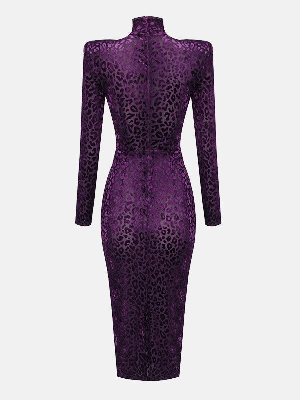 Leopard print velvet midi dress with mock neck - View 9 | Lwiis