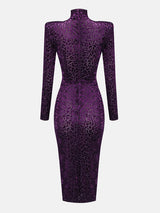 Leopard print velvet midi dress with mock neck - View 9 | Lwiis