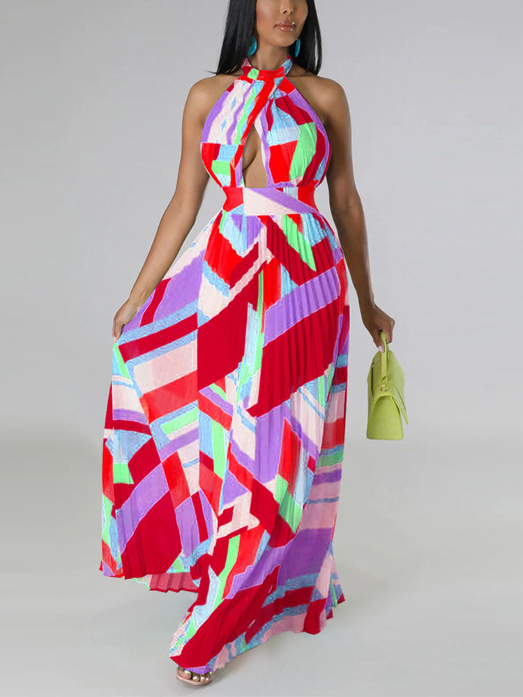 Halter neck pleated maxi dress with keyhole cutout - View 10 | Lwiis