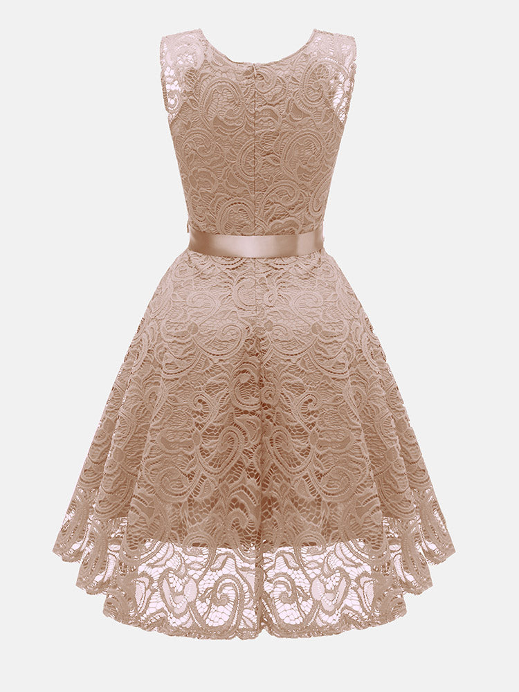Back view of beige lace fit and flare dress with V-neck and satin ribbon