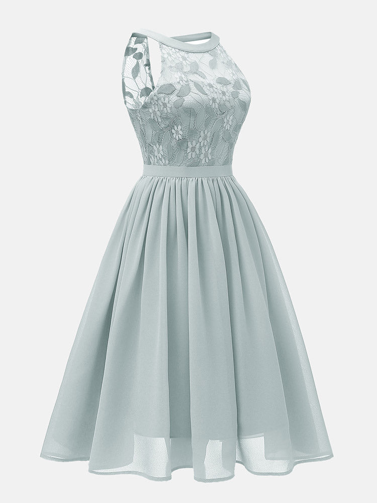 Lace Bodice Chiffon Sleeveless Midi Dress - View 17 | Lwiis
